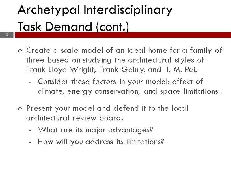 Archetypal Interdisciplinary  Task Demand (cont.) Create a scale model of an ideal home